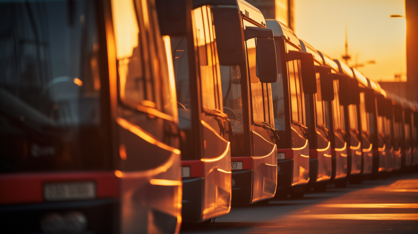 Urban Bus Fleet in Sunset Glow