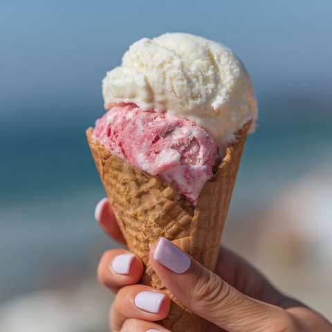 Vanilla and Strawberry Ice Cream Cone in the Sun
