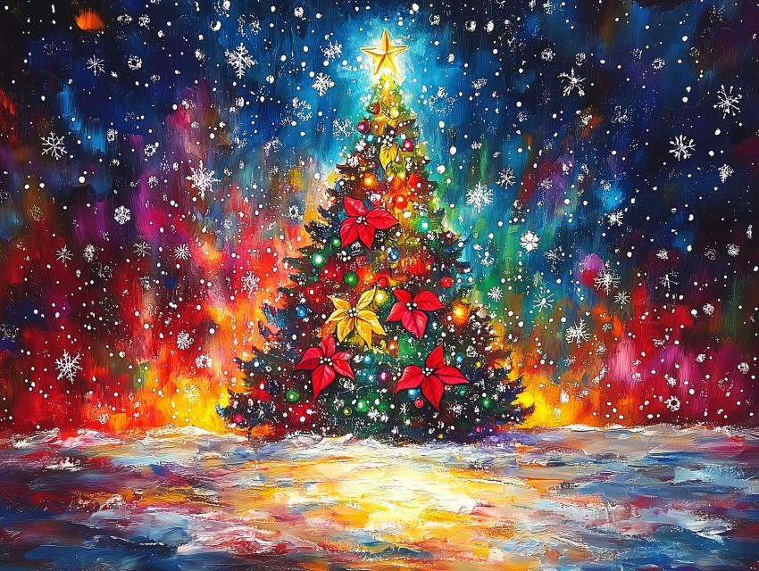 Vibrant Christmas Tree in Snowy Night