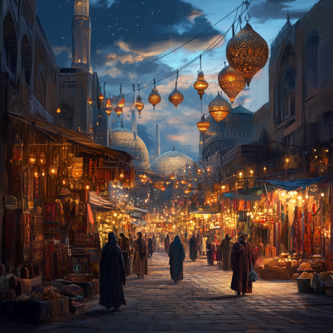 Vibrant Market Bazaar at Dusk
