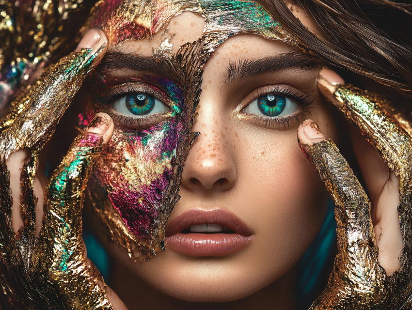 Vibrant Metallic Face Art with Piercing Eyes