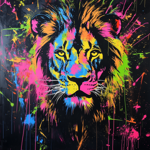 Vibrant Neon Lion Street Art Portrait