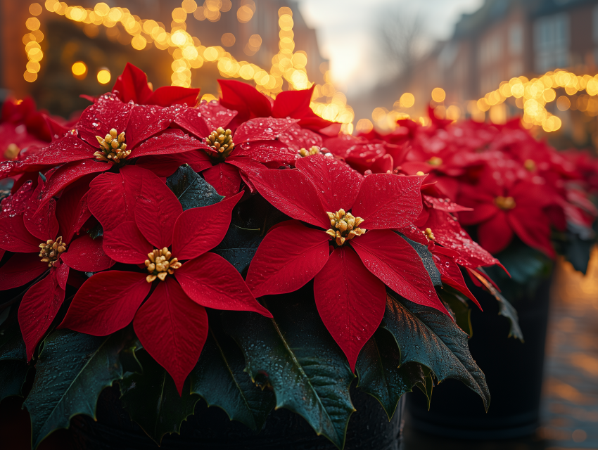 Vibrant Red Poinsettias with Holiday Lights