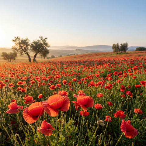 Vibrant Red Poppies at Sunrise in a Serene Field