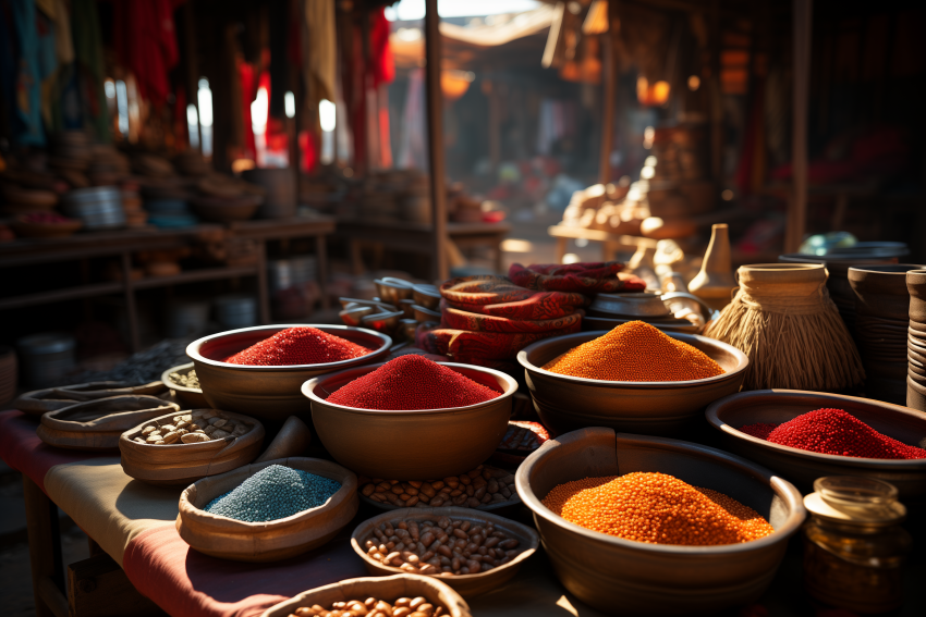 Vibrant Spices Displayed in Clay Bowls