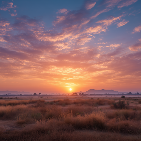 Vibrant Sunrise Over Open Grassland