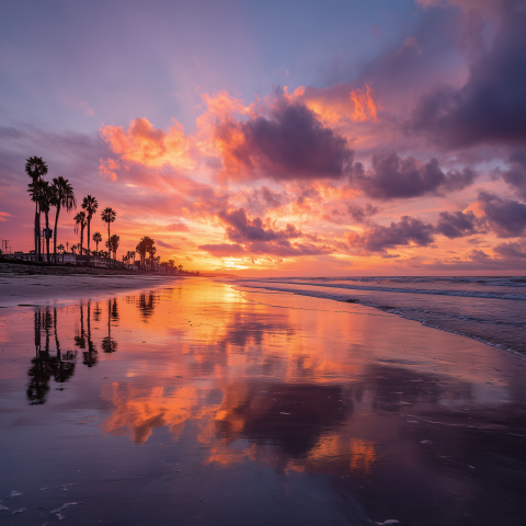Vibrant Sunset Reflections on Coastal Beach