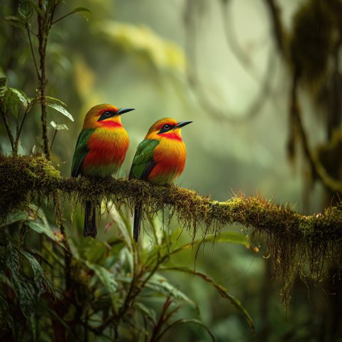 Vibrant Tropical Birds on Mossy Fainforest Branch