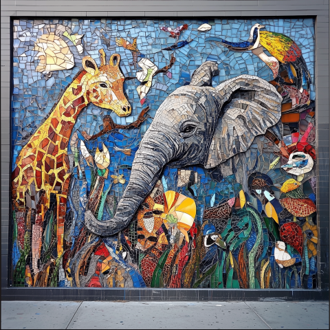 Vibrant Wildlife Mosaic Mural on Wall