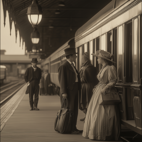 Victorian-Era Travelers at Train Station