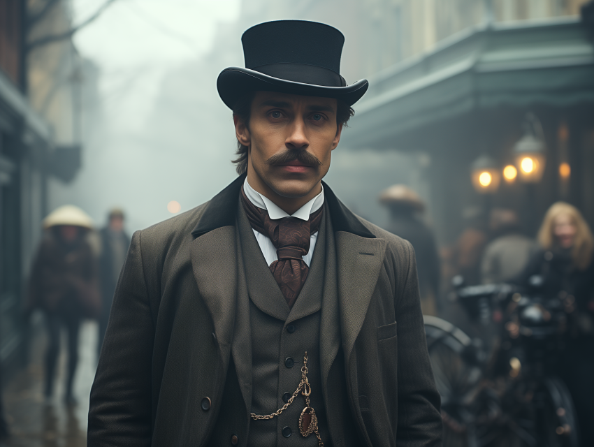 Victorian Man with Top Hat in Foggy City