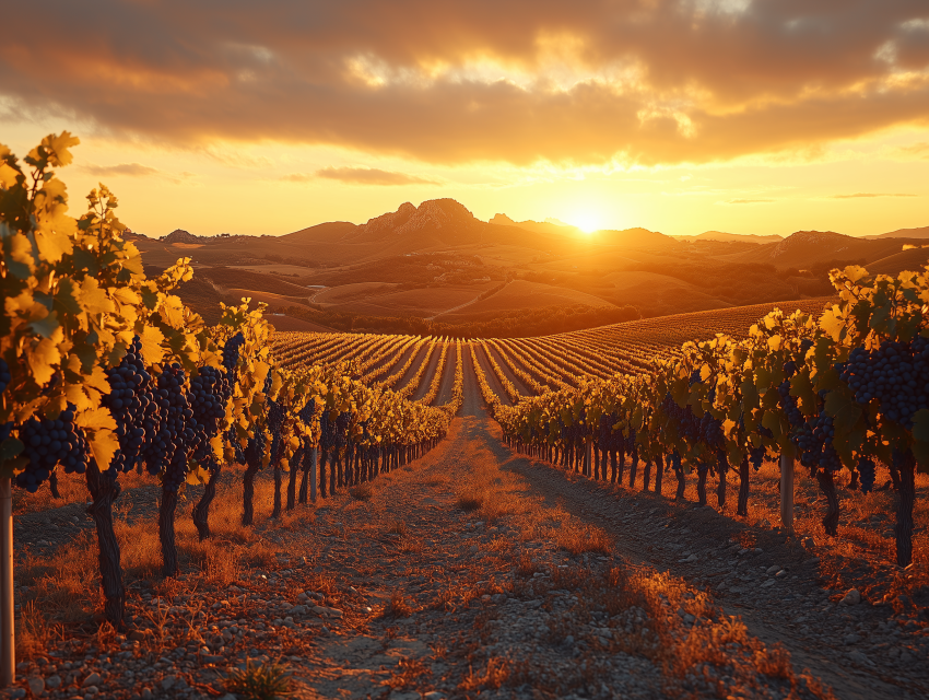 Vineyard at Sunset with Mountain Views
