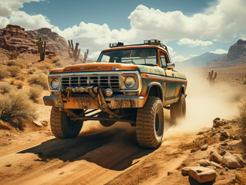 Vintage 4x4 truck driving on an desert road