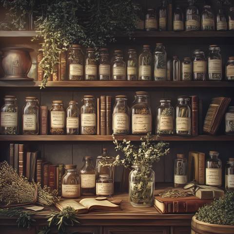 Vintage Apothecary Shelf With Herbs and Books