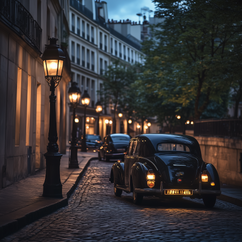 Vintage Car Driving Down Paris Street