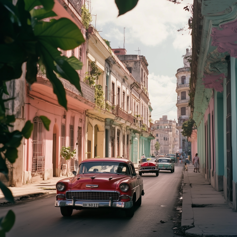 Vintage Cars Driving Through Colorful Havana Street