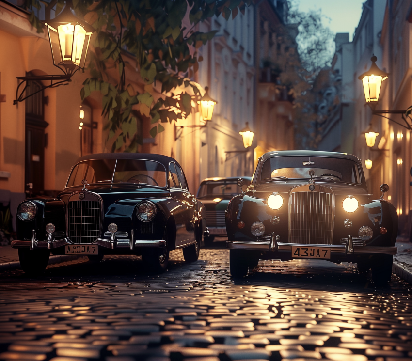 vintage cars on cobblestone streets