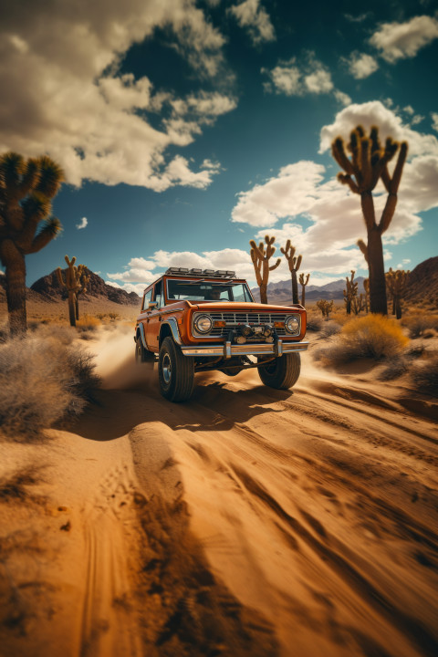 Vintage Ford Bronco driving through a California Desert