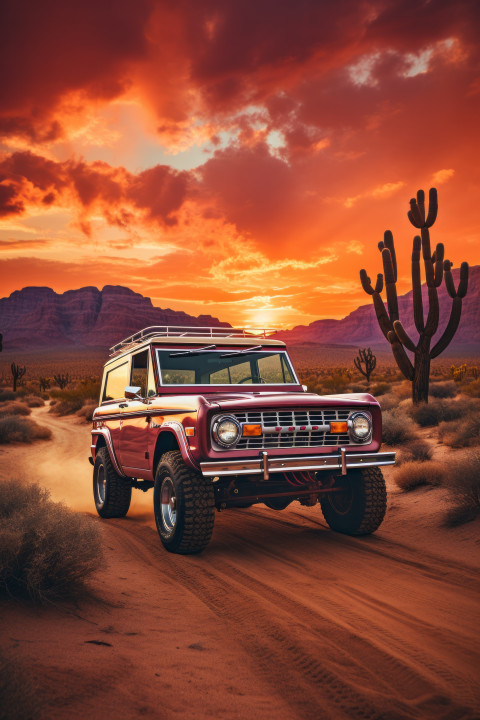 Vintage Ford Bronco driving through an Arizona Desert