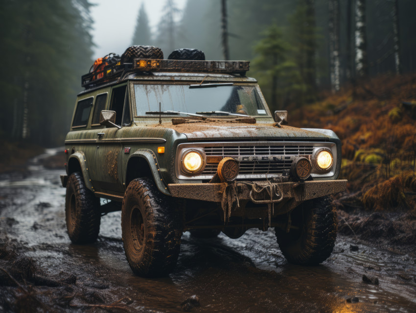 Vintage Ford Bronco driving through Pacific Northwest Forest