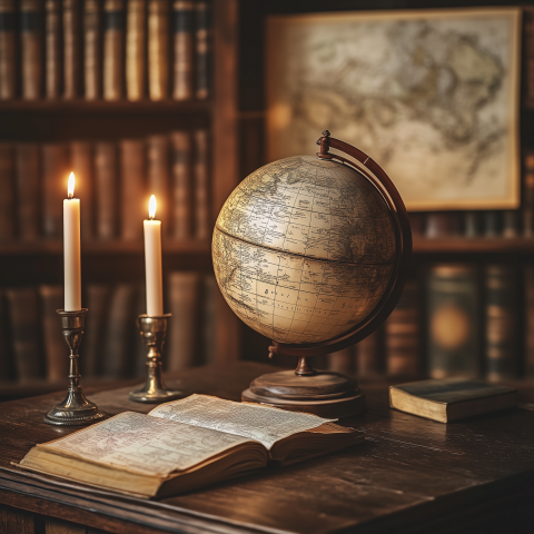 Vintage Globe and Candles in Old Library