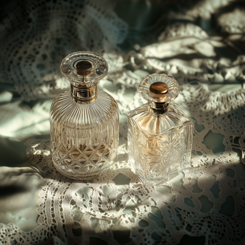 Vintage Perfume Bottles on Lace Fabric
