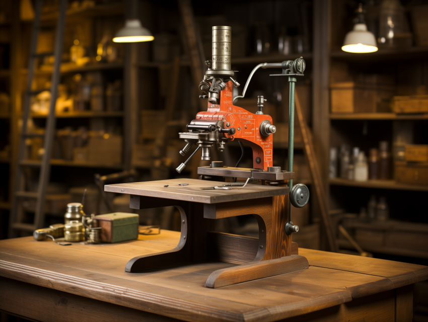 Vintage Red Metal Microscope in Workshop