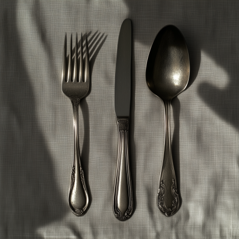 Vintage Silverware Set on Tablecloth