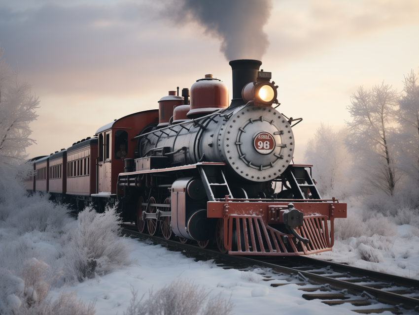 Vintage Steam Train in Winter Landscape