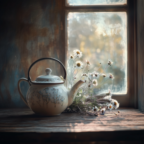 Vintage Teapot and Daisies by Window