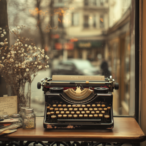 Vintage Typewriter in Cozy Street-Side Café