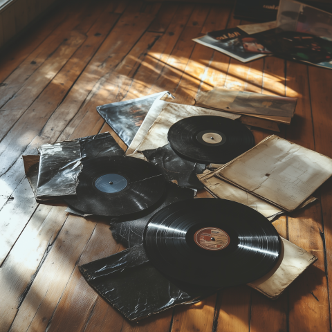 Vintage Vinyl Records on Wooden Floor
