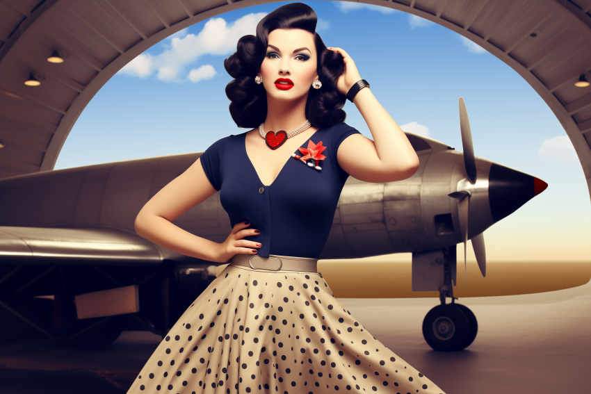 Vintage Woman Posing by Classic Airplane
