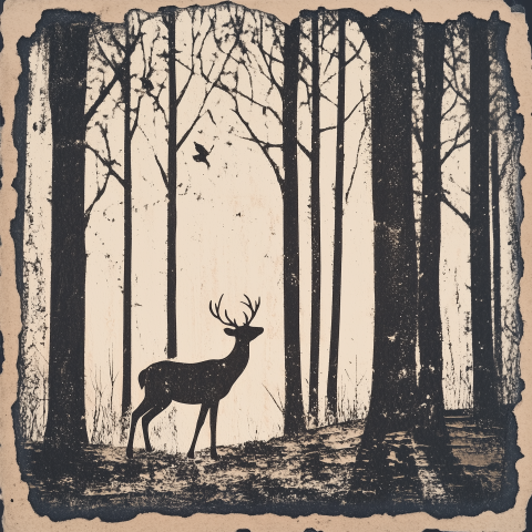 Vintage Woodblock-Style Deer in Forest