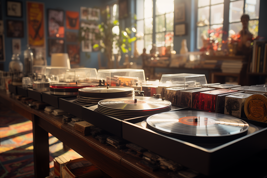 Vinyl Records on Display in Record Store