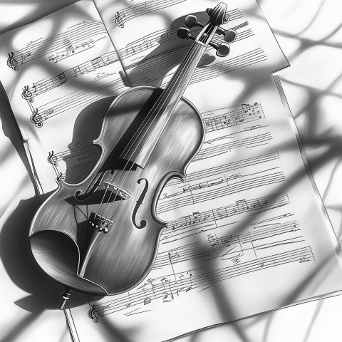 Violin on Sheet Music in Dramatic Light