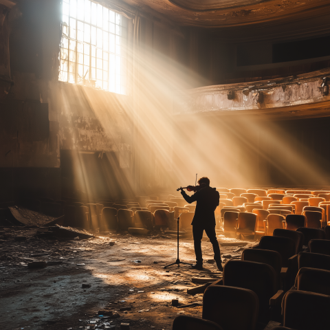 Violinist Performing in Abandoned Theater