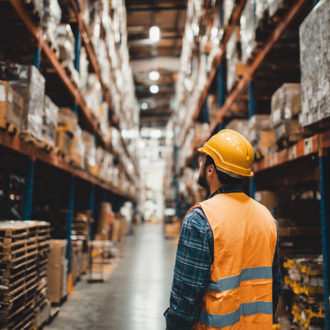 Warehouse Worker Inspecting Inventory Aisles