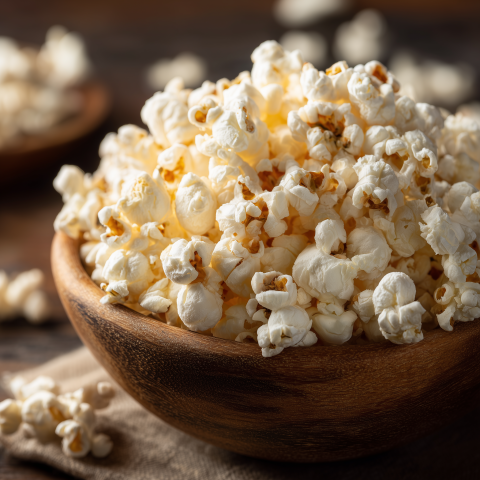 Warm Popcorn Snack in Wooden Bowl