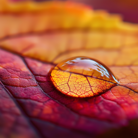 Water Droplet on Autumn Leaf Close-Up