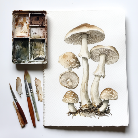 Watercolor Painting of Forest Mushrooms