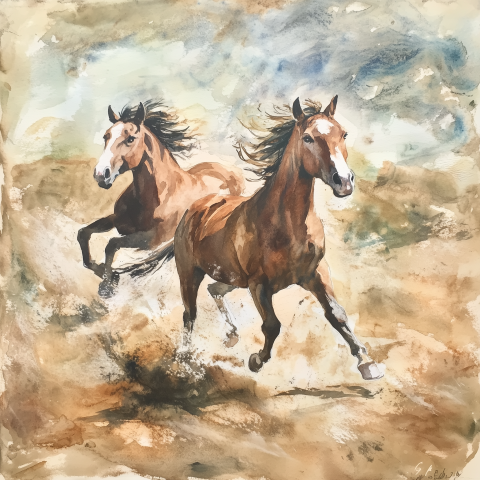 Watercolor Painting of Galloping Horses