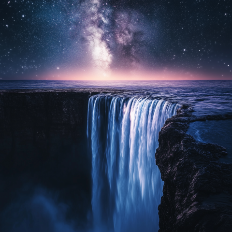 Waterfall at the Edge of the Ocean Under Milky Way