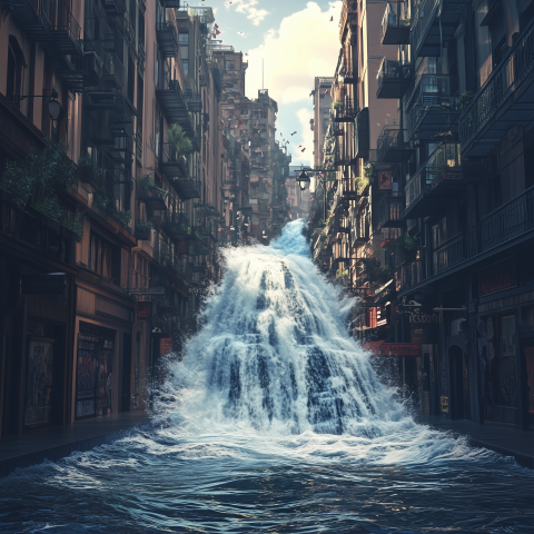 Waterfall Cascades Through Urban Street