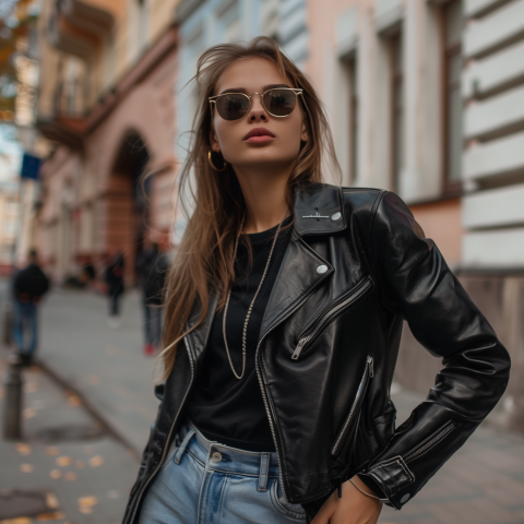 Wearing A Leather Jacket Jeans And Chic Sunglasses