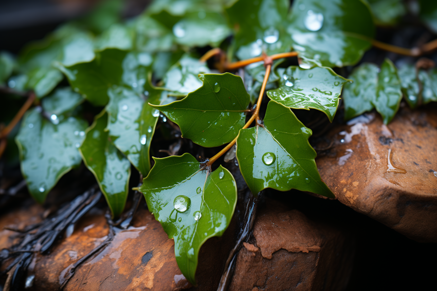 Wet Green Leaves on Red Rocks