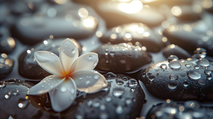 White Flower on Wet Spa Stones