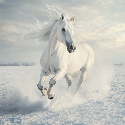 White Horse Galloping Through Snowy Field