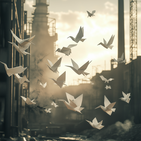 White Origami Birds Rise from Industry Ruins