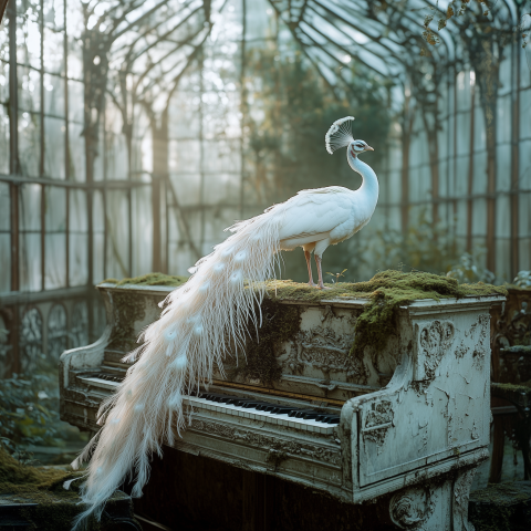 White Peacock Standing on Mossy Piano